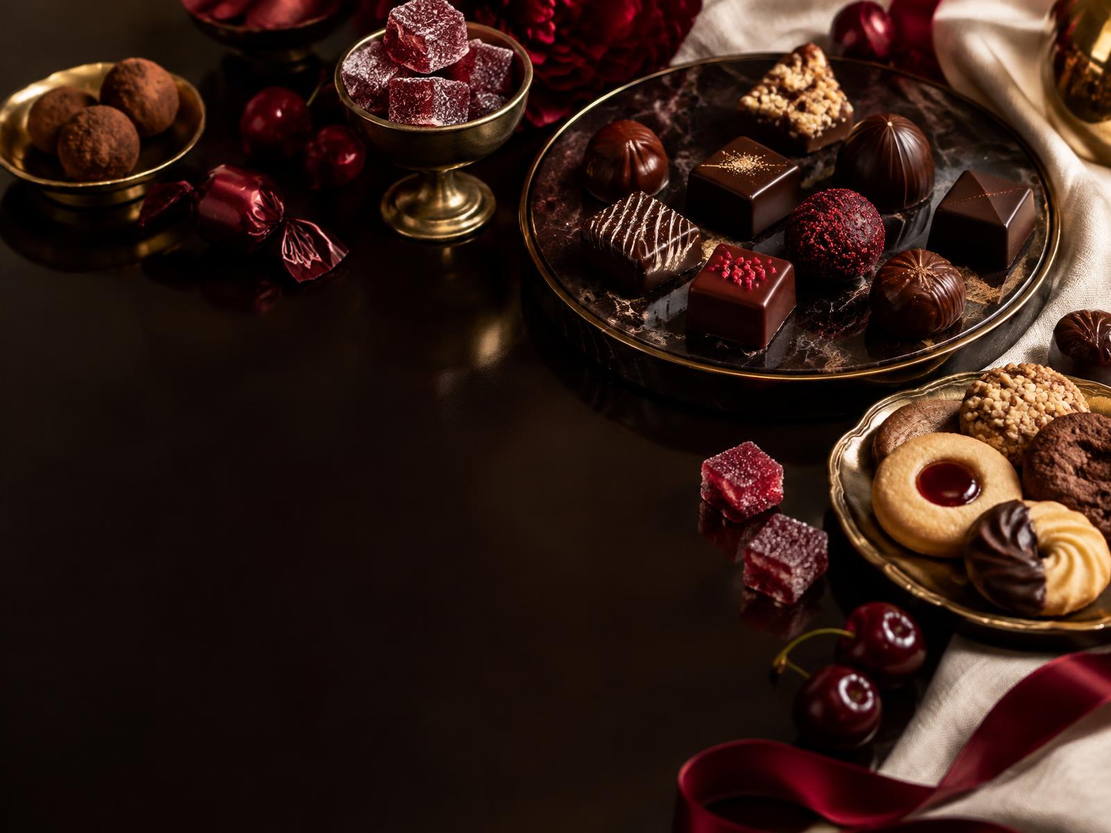 An editorial assortment of chocolates, candies and cookies